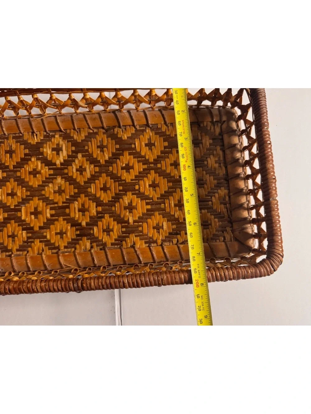 Handwoven Rectangular Rattan Basket Tray with Geometric Pattern